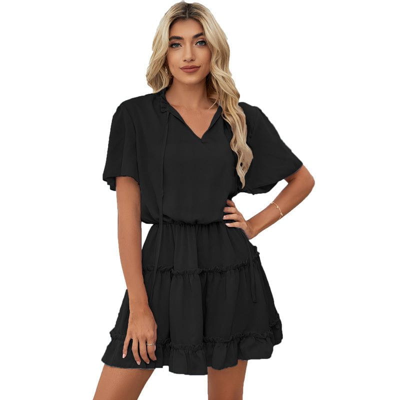 Cheky - Short Sleeve Dress Women's Ruffled V-neck