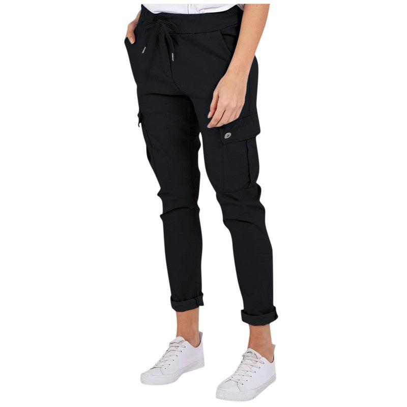 Cheky - Casual Cargo Pants With Pockets Solid Color Drawstring Waist Pencil Trousers For Women