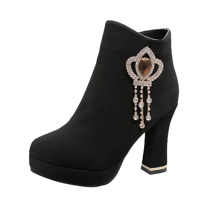 Cheky - Rhinestone Chunky Heel Fashion Short Boots Waterproof Platform High Heel Boots