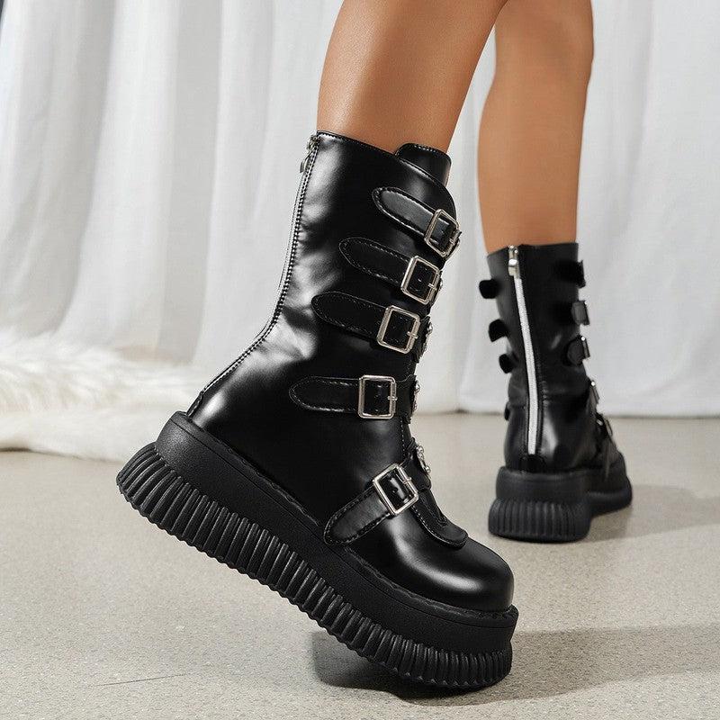 Cheky - Heart Platform Shoes Dark Punk Mid-calf Martin Boots Female