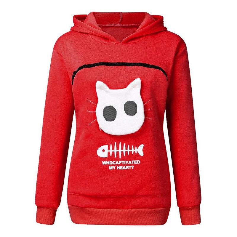 Cheky - Women Hoodie Sweatshirt With Cat Pet Pocket Design Long Sleeve Sweater Cat Outfit