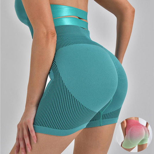 Cheky - Striped Yoga Shorts High Waist Hip-lifting Tight Pants For Women Running Fitness Sports Leggings