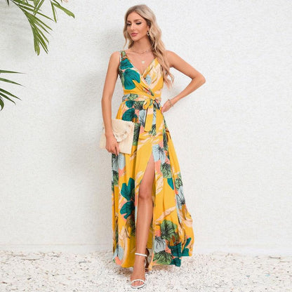 Cheky - V-neck Floral Print Long Dress Summer Fashion Waist Tie Slit Design Sleeveless Dress For Womens Clothing