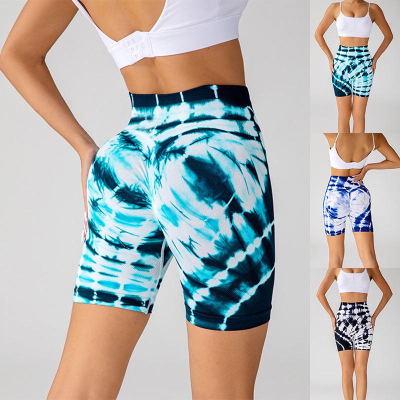 Cheky - Tie-dye Printed Yoga Shorts Fashion Seamless High-waisted Hip-lifting Pant Sports Running Fitness Pants For Womens Clothing