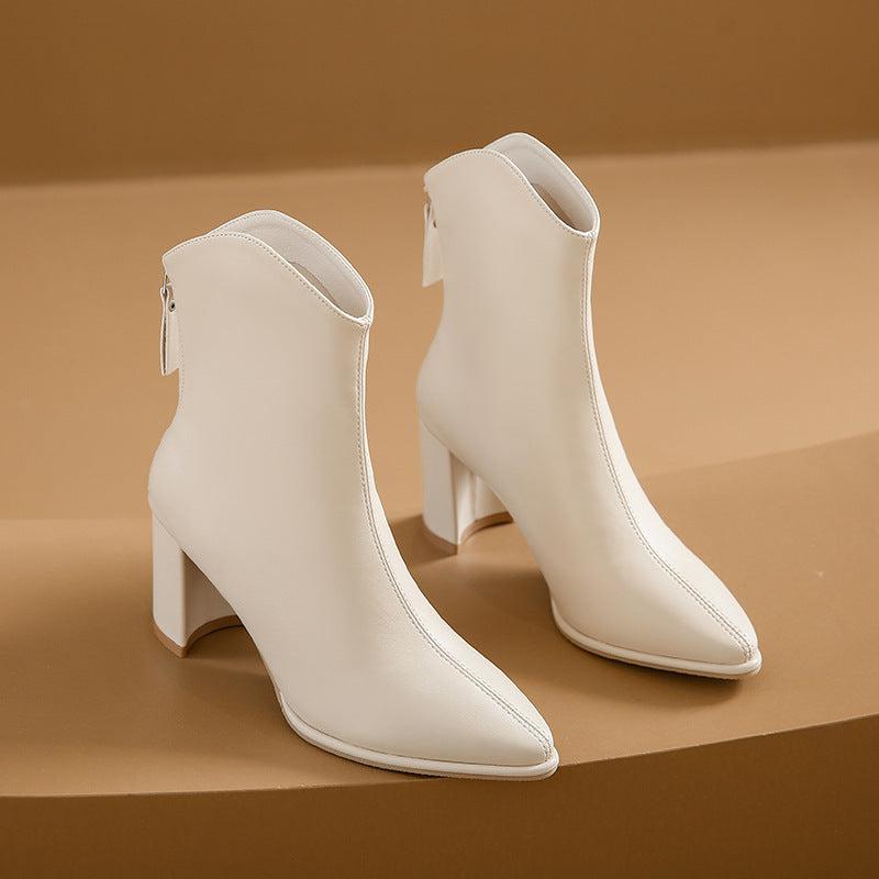 Cheky - Genuine Leather Pointed Toe High Heel Boots Female White Chunky Heels