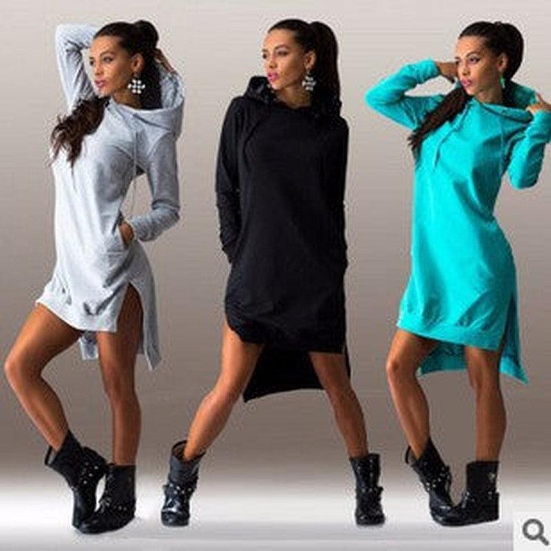 Cheky - Irregular Hooded Long Sleeve Dress Sweatshirt