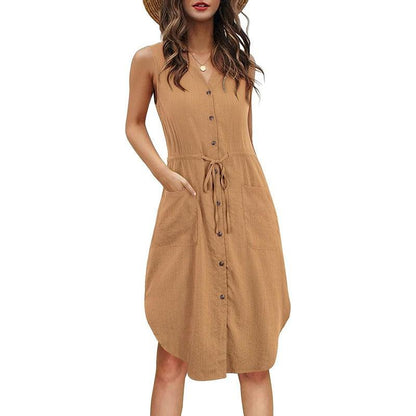 Cheky - Sleeveless V-neck Buttoned Dress With Pockets Fashion Casual Waist Tie Design Summer Dress Womens Clothing