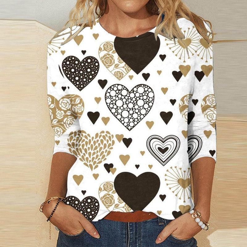 Cheky - Valentine's Day Female With Hearts Printing Crew Neck T-shirt Top