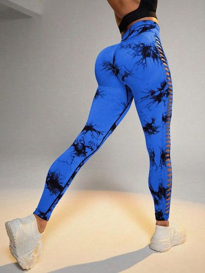 Cheky - Hollow Tie Dye Printed Yoga Pants High Waist Butt Lift Seamless Sports Gym Fitness Leggings Slim Pants For Women Tight Trousers