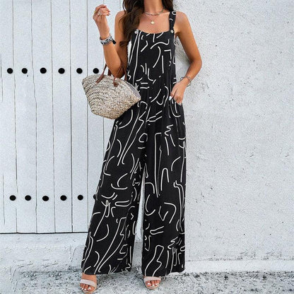 Cheky - Fashion Print Square Neck Jumpsuit With Pockets Spring Summer Casual Loose Overalls Womens Clothing