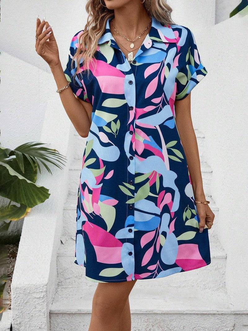 Cheky - New Floral Print Short Sleeve Shirt Dress Summer Fashion Lapel Loose A-line Dresses For Womens Clothing