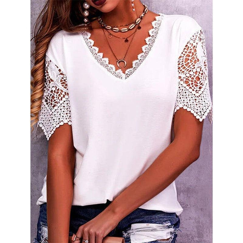 Cheky - Lace Tops Women Summer Loose V Neck Short Sleeve Casual Shirts