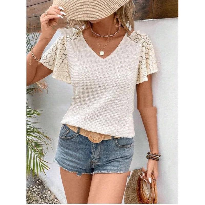 Cheky - V-neck Lace Temperament Commuter Loose Casual Knitted Short Sleeve