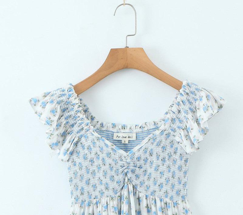 Cheky - French Vacation Style Small Blue Flowers Elastic Loose Dress