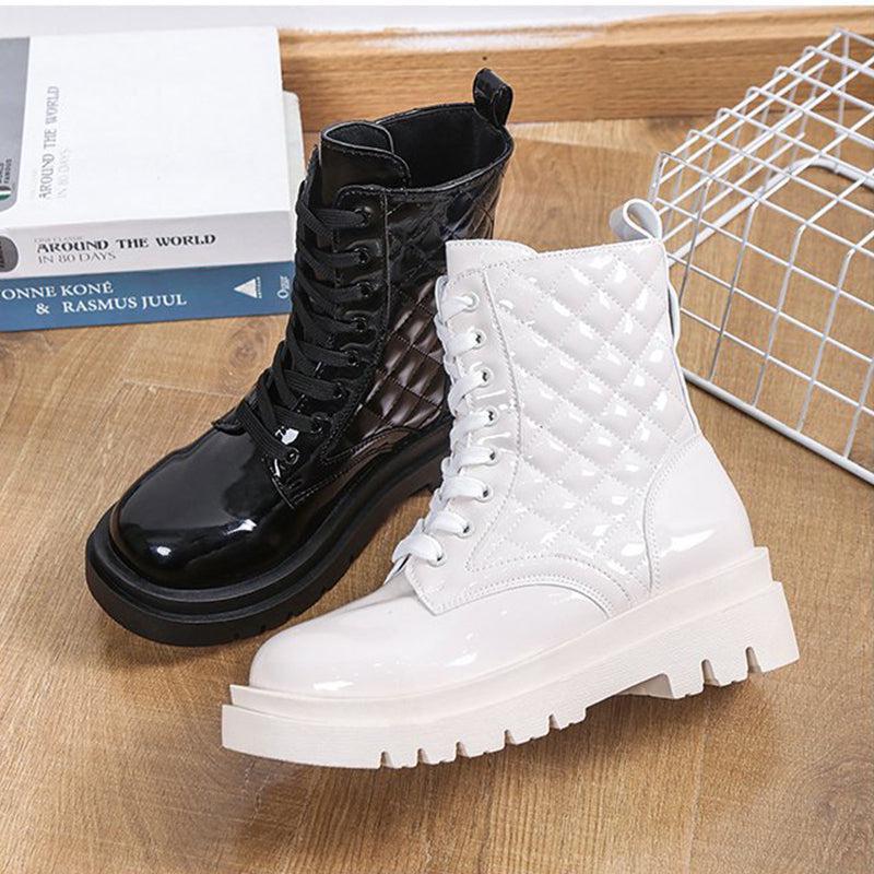 Cheky - Lace-up Thick-heeled Boots Winter Casual Round Toe Platform Ankle Boots Women Fashion Quilted Pattern Minimalist Motorcycle Shoes