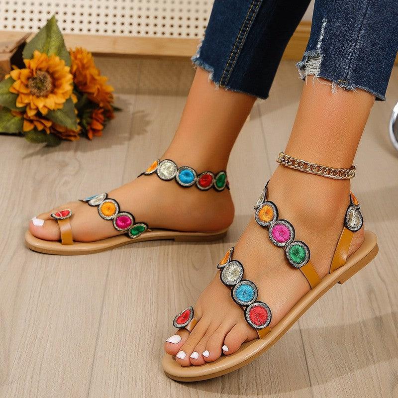 Cheky - Fashion Peacock Embroidery Pattern Flat Sandals Summer Vacation Casual Clip Toe Beach Shoes For Women