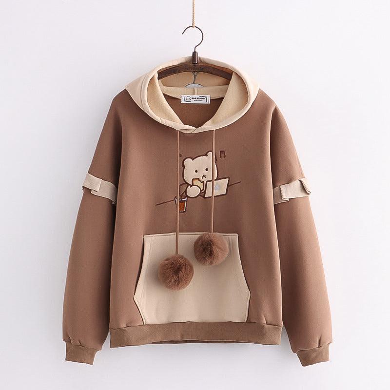 Cheky - Hooded Bear Embroidery Plus Velvet Sweater Loose And Thin Coat Women