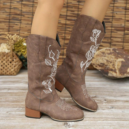 Cheky - Flower Embroider Mid Calf Cowboy Boots Women Autumn Winter Chunky Heels Western Boots Square Toe Denim Long Boots Fashion Shoes