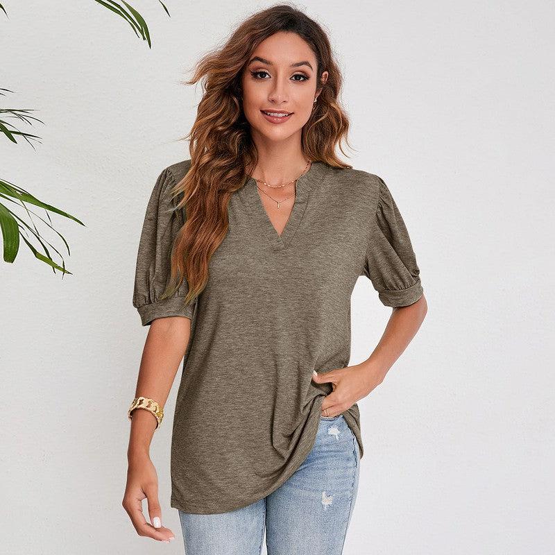 Cheky - Women's Pleated Puff Sleeve Tops Summer V Neck T Shirts Casual Loose Blouses