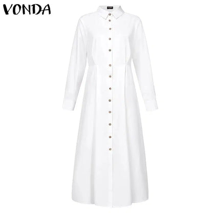 Cheky - VONDA Long Dress Casual Women Summer Long Sleeve Party Robe Split Shirt Vestido Buttons Vintage Street Solid Loose Sundress