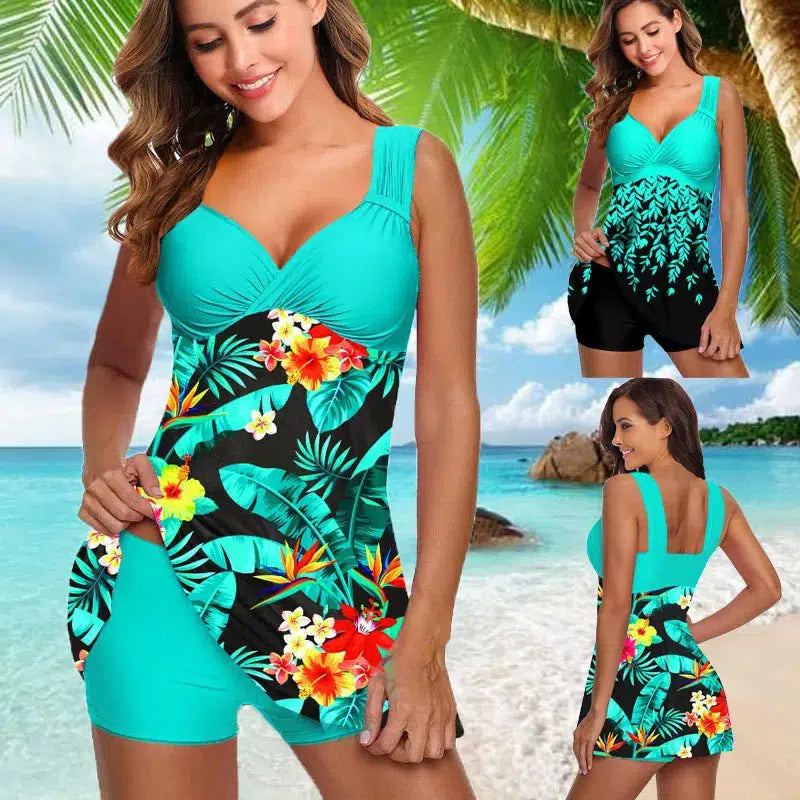 Cheky - Plus Size Two Pieces Swimsuits Swimwear Women Flower Print Summer Large Bathing Suits Tankini Beachwear Sexy Bikini Swimdress