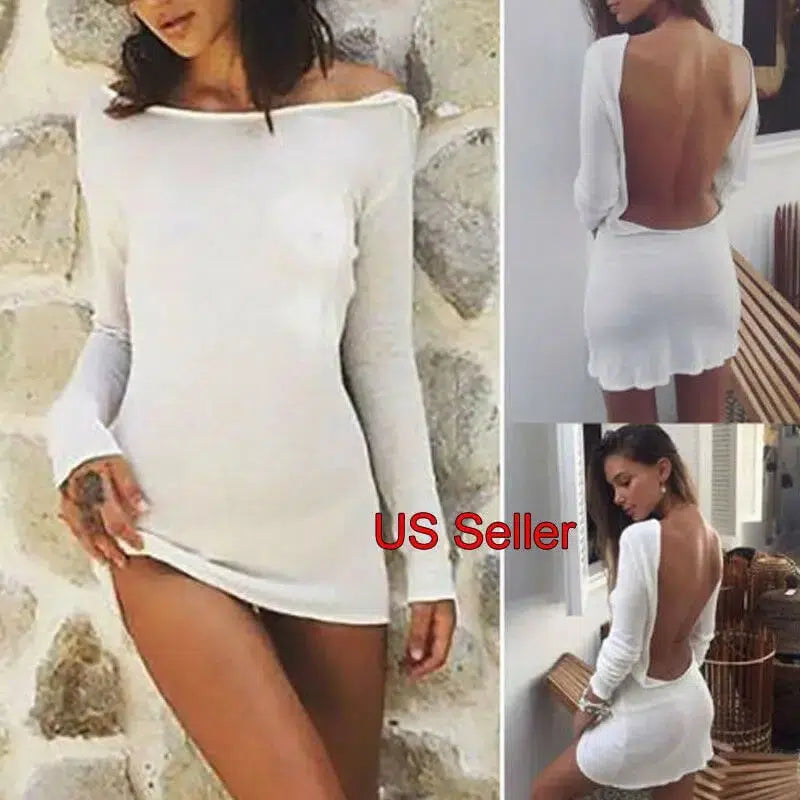 Cheky - Sexy Backless White Evening Party Dress Women Elegant Long Sleeve Solid Color Loose Club Holiday Casual Mini Dress