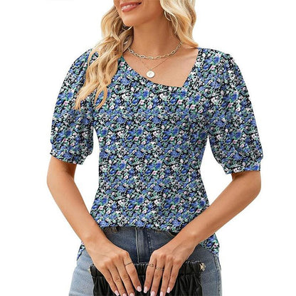 Cheky - Women's Short Sleeve Irregular Puff Sleeve Loose Floral T-shirt