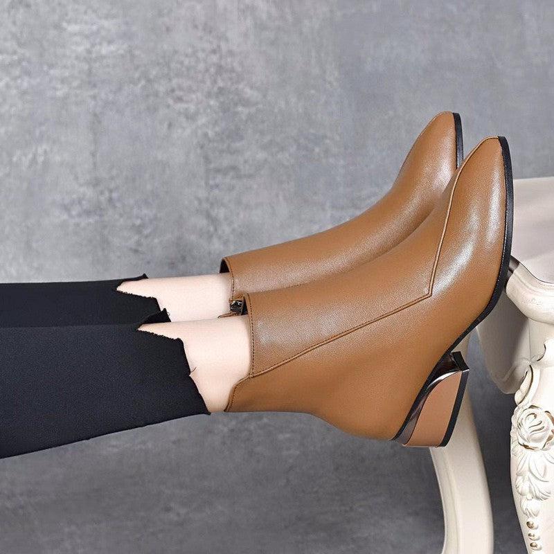 Cheky - Women's Fashion Pointed Toe Chunky Heel Cowhide Ankle Boots