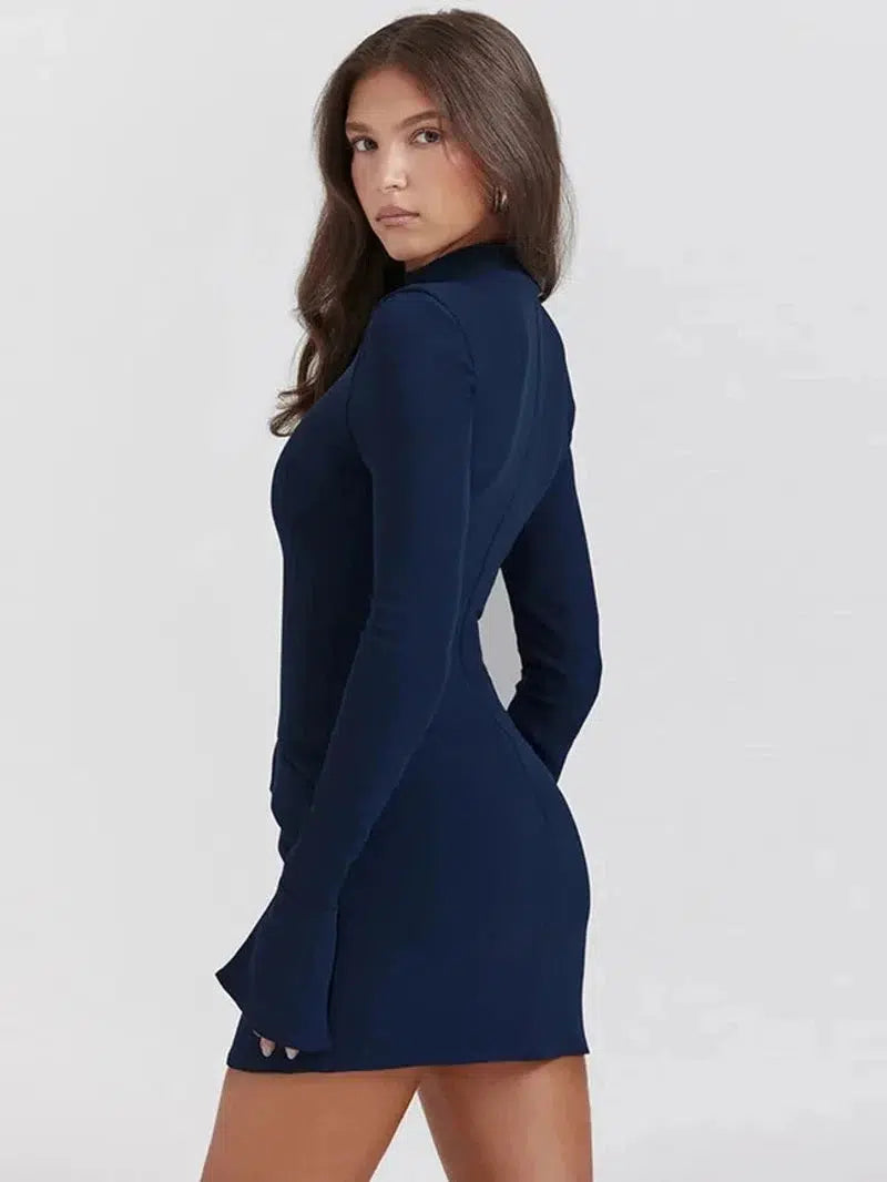 Cheky - Women Elegant Dark Blue Commuting Mini Dress Autumn Sexy Pocket Long Sleeve Bodycon Dresses Lady Chic Party Club Robe