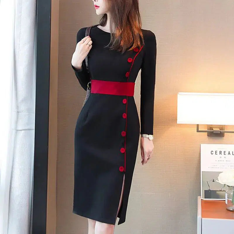 Cheky - Autumn Winter High Waist Buttons Bodycon Dress Women Elegant Fashion Evening Dresses Ladies Temperament Robe Vestido De Fiesta