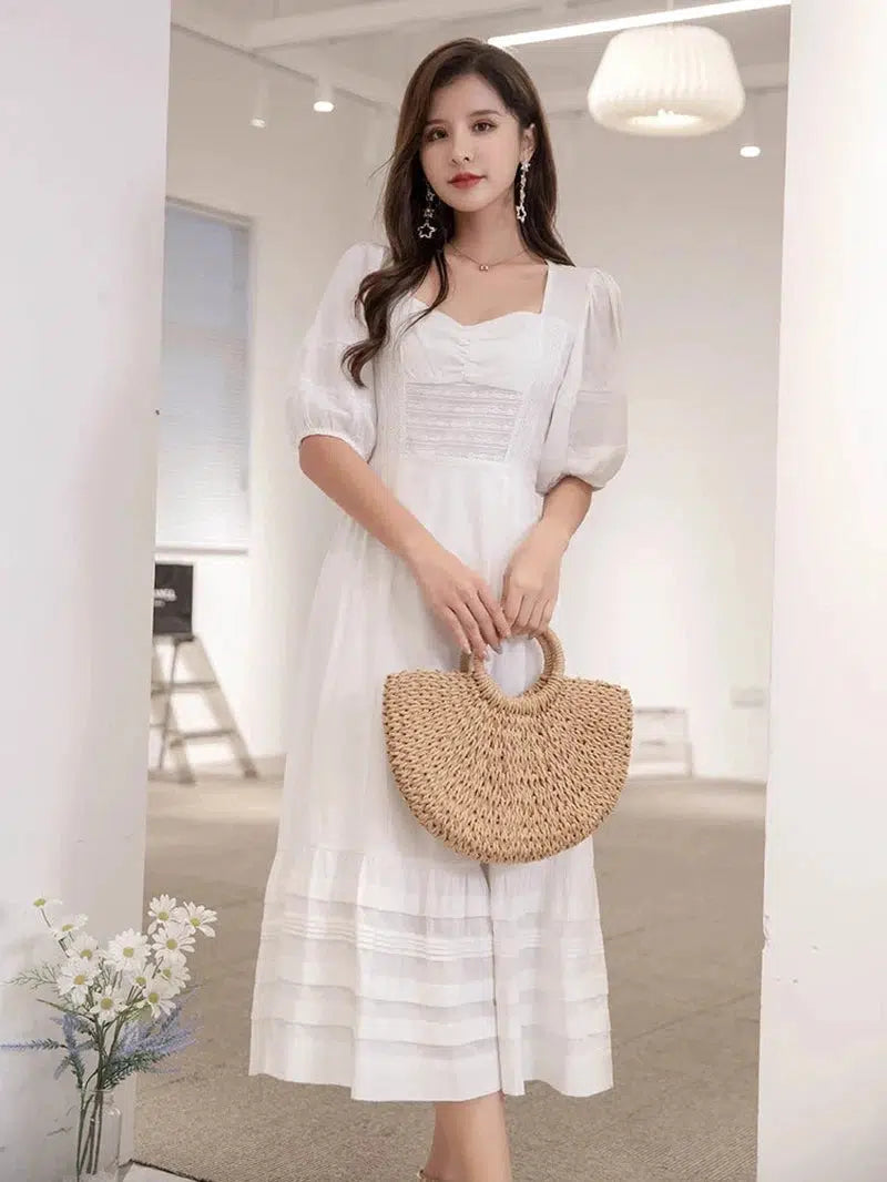 Cheky - Jastie French White Dress Cotton Embroidered V-neck Elegant Ladies Dress Ruffle Hem Chic Autumn Dress Retro Luxury Brand Dress