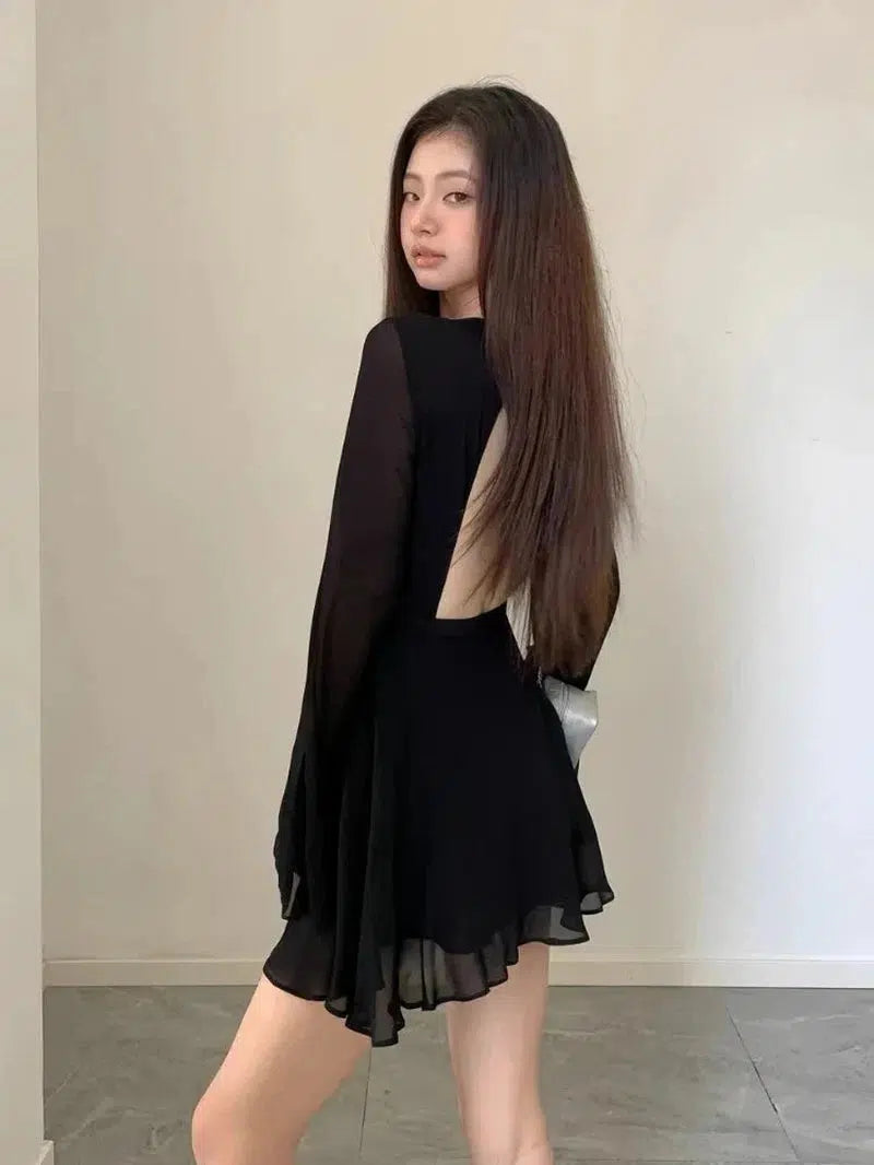 Cheky - HOUZHOU Backless Black Dress Women Elegant Back Hollow Out Lace-up Long Sleeve Mesh Patchwork Sexy Slim Ruffle Mini Dress Party