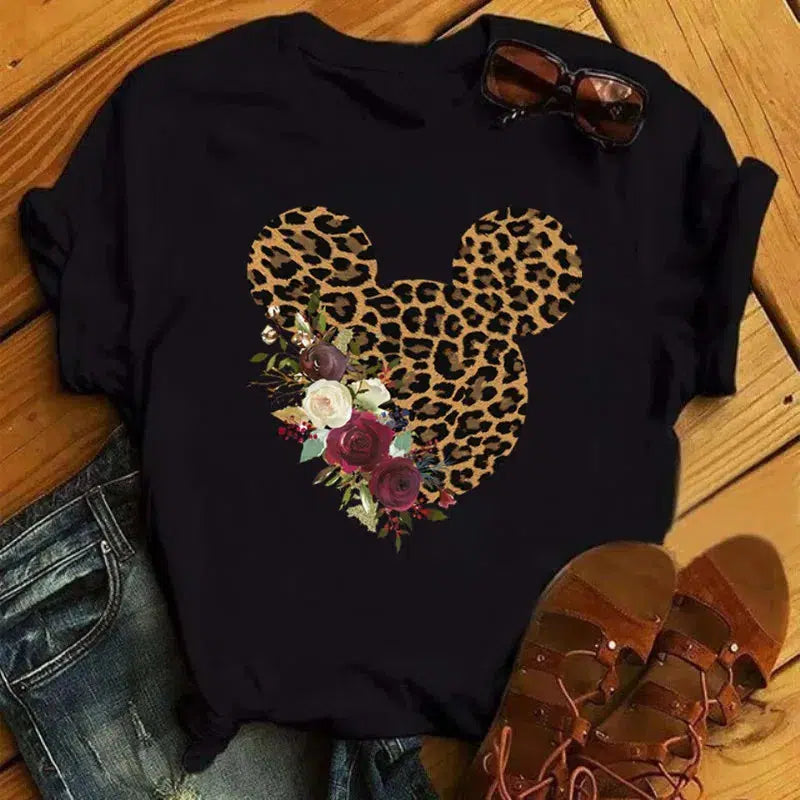 Cheky - Disney T Shirt Women Flower Minnie Mouse Clothes Leopard Print Kawaii T-Shirt Summer Tops Harajuku Black Women Tees