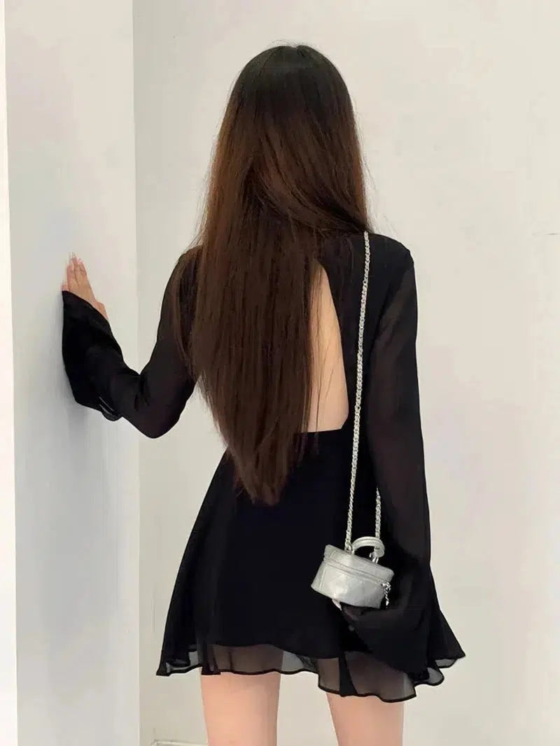 Cheky - HOUZHOU Backless Black Dress Women Elegant Back Hollow Out Lace-up Long Sleeve Mesh Patchwork Sexy Slim Ruffle Mini Dress Party