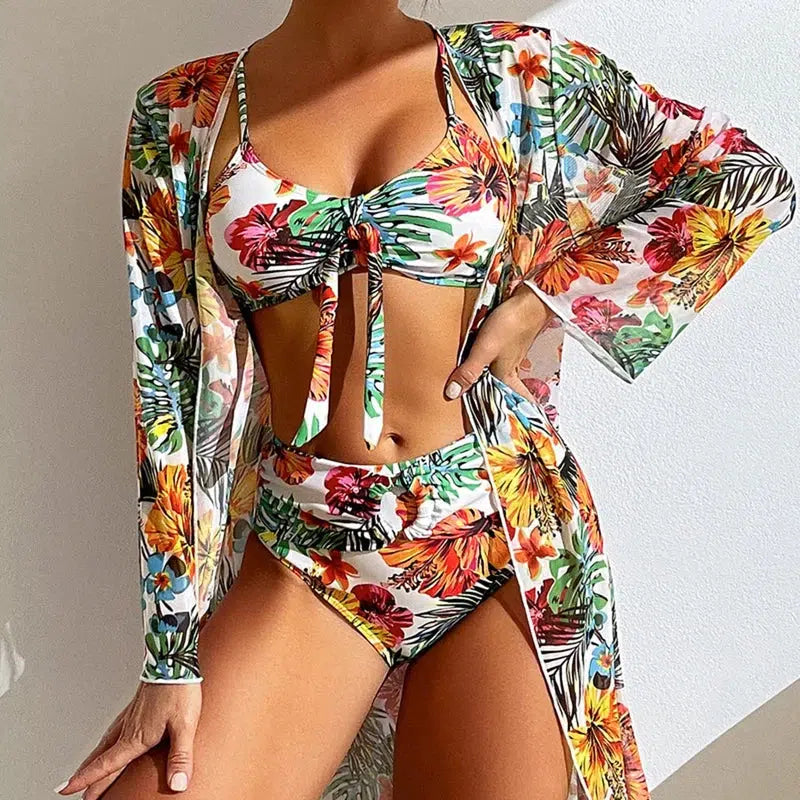 Cheky - Sexy High Waisted Bikini Three Pieces Floral Printed Swimsuit Women Bikini Set With Mesh Long-Sleeved Blouse Size S-3XL 2024 New