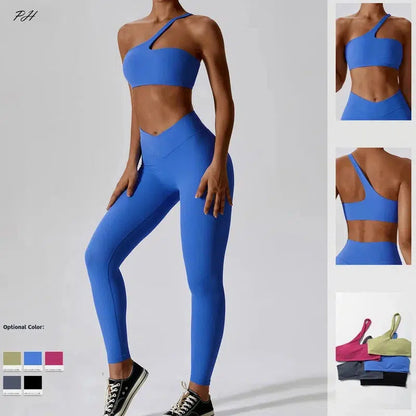 Cheky - Women Sexy Sport Yoga Set Outfit Fitness Workout Clothes Diagonal Shoulder Sports Top Leggings Suit Leisure Running Sportwear