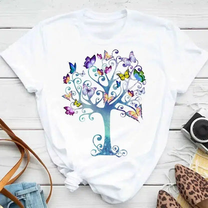 Cheky - New Fashion Women T-shirt Colorful Butterfly Petal Print Short Sleeve and Round Neck Cute Graphic Tee Shirts Female Tops Clothin