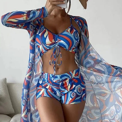 Cheky - Summer Print Swimsuits Tankini Sets Female Swimwear Push Up For Beach Wear Three-Piece Bathing Suits Pool Women's Swimming Suit