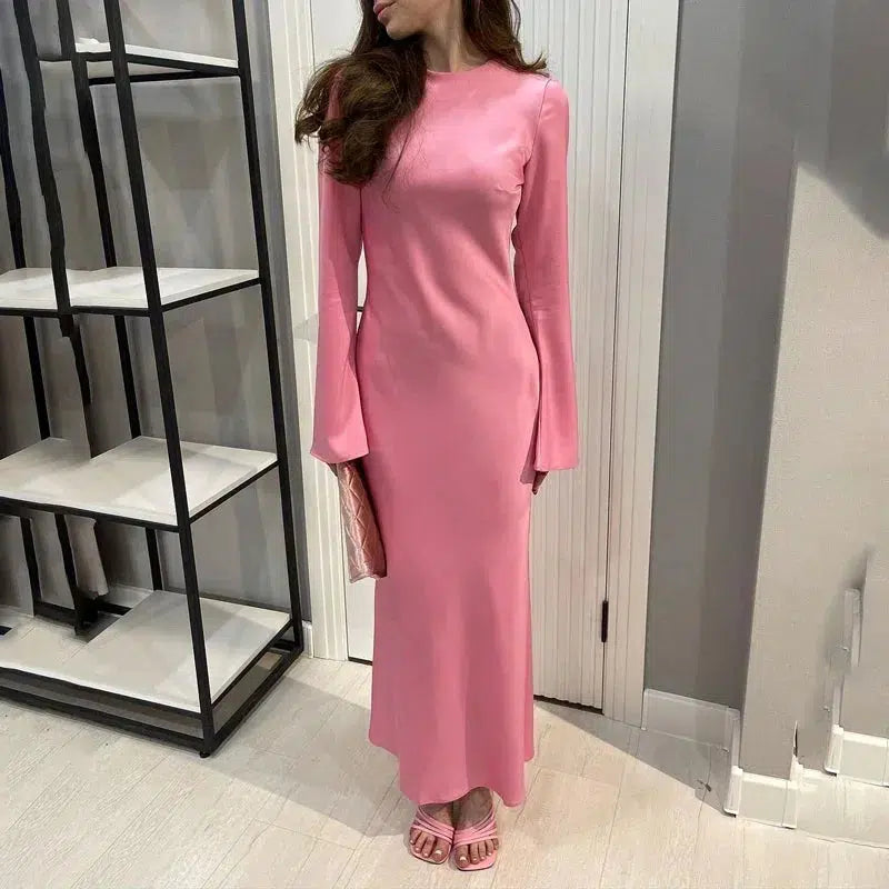 Cheky - Tossy Satin Fashion Slim Maxi Dress For Women Long Sleeve High Waist Elegant Solid Party Dress Casual Luxury Ladies Autumn Dress