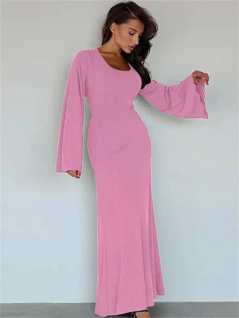 Cheky - Scoop Neck Ribbed Maxi Dress - Lace-Up Long Sleeve