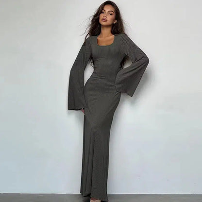 Cheky - Dulzura Solid Ribbed Trumpet Sleeves Maxi Dress Back Lace-Up Straps Elegant Casual Autumn Winter For Women Birthday