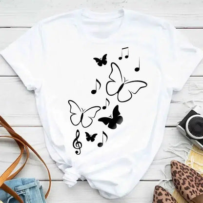 Cheky - New Fashion Women T-shirt Colorful Butterfly Petal Print Short Sleeve and Round Neck Cute Graphic Tee Shirts Female Tops Clothin