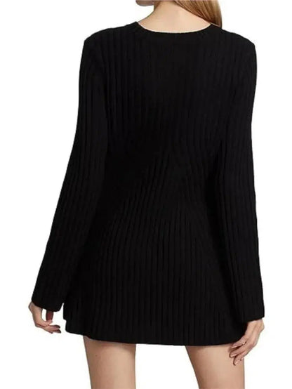 Cheky - Elegant Solid Ribbed Knitted Short Dress For Women Long Sleeve O Neck Mini Dresses Fashion Autumn Lady Party Club Vestidos