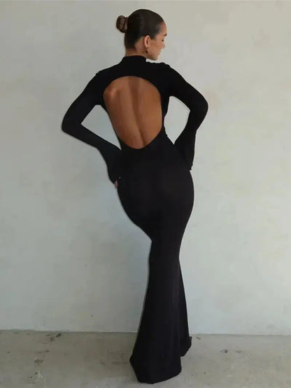 Cheky - Laxsesu Backless Sexy Maxi Dress Women's Long Sleeve Bodycon Black Autumn Dress Elegant Party Evening Dresses for Women