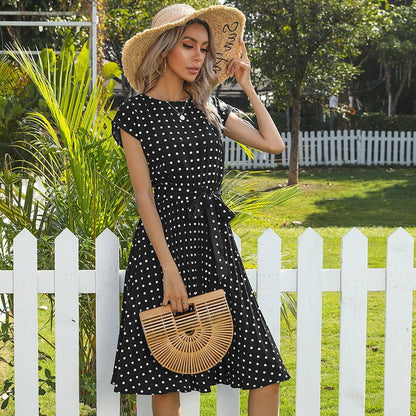 Cheky - Summer Women Polka Dot Short Sleeve Dress Casual Bandage Party Pleated Midi Dresses Elegant Green Office Lady Clothing