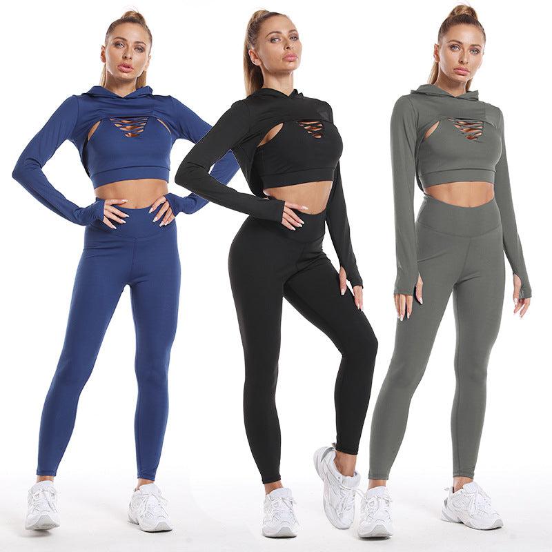 Cheky - 3pcs Sports Suits Long Sleeve Hooded Top Hollow Design Camisole And Butt Lifting High Waist Seamless Fitness Leggings Sports Gym Outfits Clothing