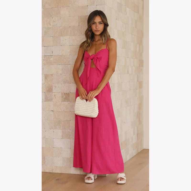 Cheky - Tied Spaghetti-strap Trendy Jumpsuit