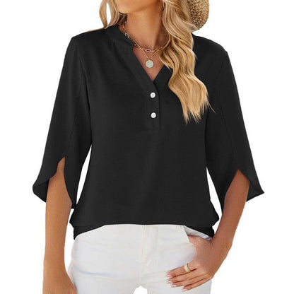 Cheky - Button V-neck Mid-sleeve Chiffon Shirt Solid Color Top Womens Clothing