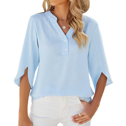 Cheky - Button V-neck Mid-sleeve Chiffon Shirt Solid Color Top Womens Clothing