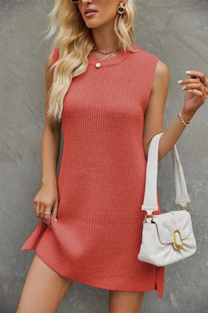 Cheky - Round Neck Sleeveless Dress Summer Fashion Commuting Solid Color Slit Design Dress For Womens Clothing